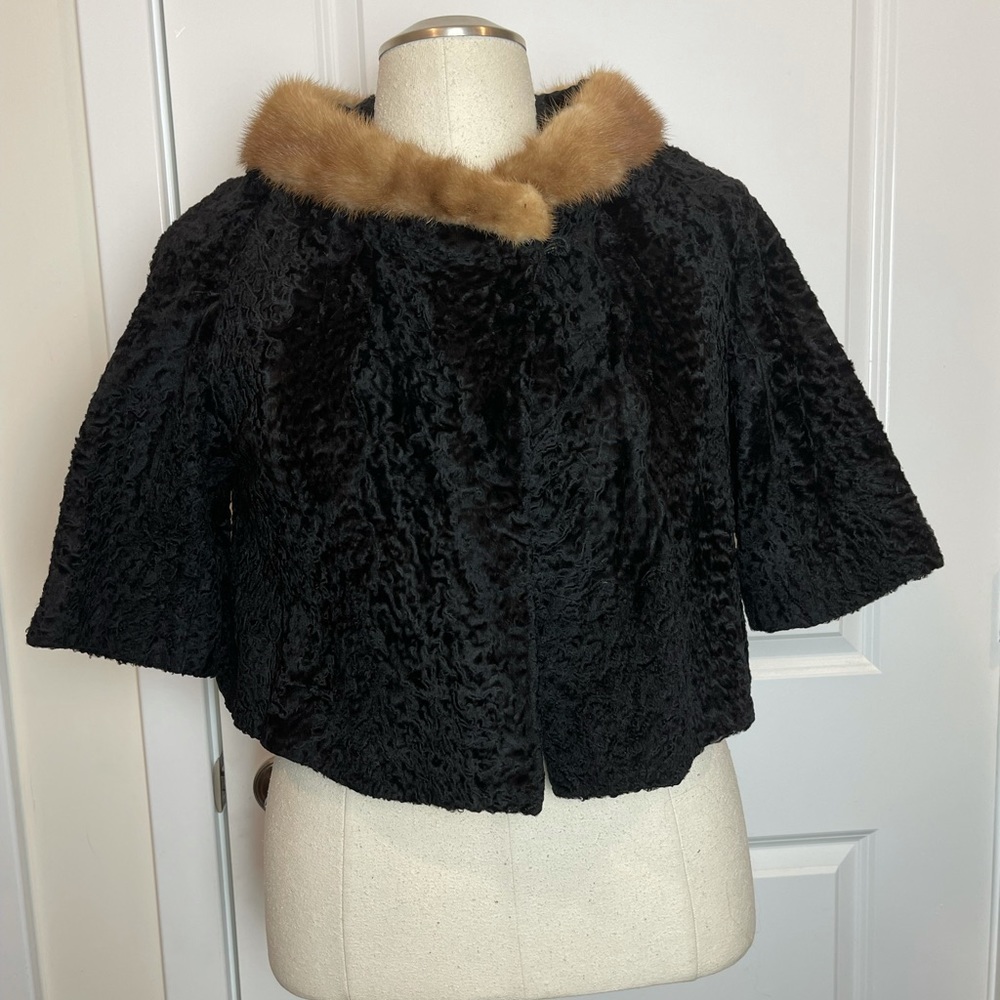 Vintage Black Cropped Evening Jacket with Mink Collar